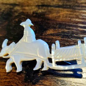Vintage Carved Shell Pin - Rice Farmer on Ox 2"